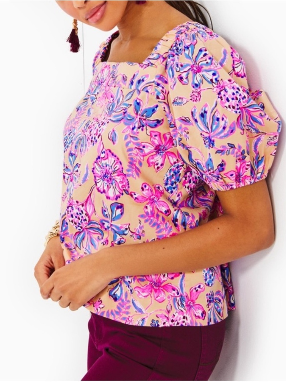 Lilly Pulitzer Floral Square-Neck Puff-Sleeve Top in Beige and Pink